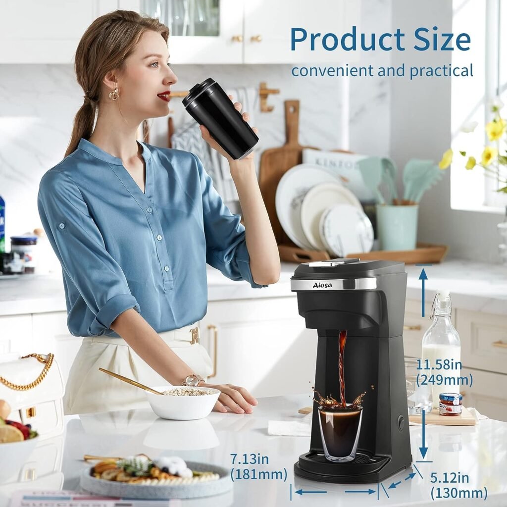 Aiosa 2 in 1 Single Serve K cup Coffee Maker 14Oz,With Travel Cup,Mini Single Personal Coffee Maker Machine,One Button Operation,Auto Shut Off,800W With Resuable Filter, One Cup Coffee Maker