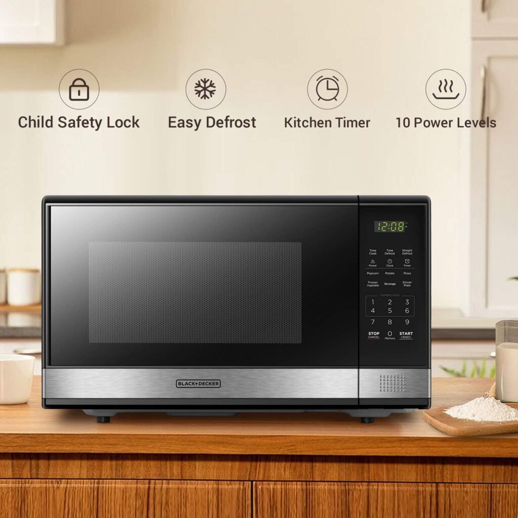 BLACK+DECKER EM031MB11 Digital Microwave Oven with Turntable Push-Button Door, Child Safety Lock, 1000W, 1.1cu.ft, Black  Stainless Steel, 1.1 Cu.ft
