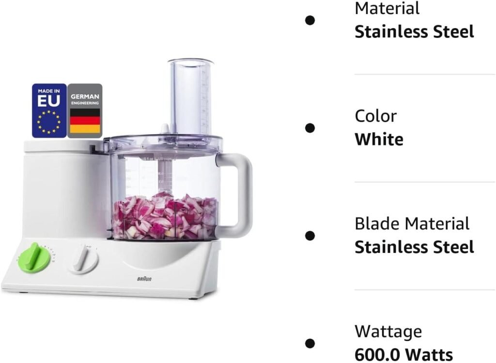 Braun FP3020 12 Cup Food Processor Ultra Quiet Powerful motor, includes 7 Attachment Blades + Chopper and Citrus Juicer , Made in Europe with German Engineering, White
