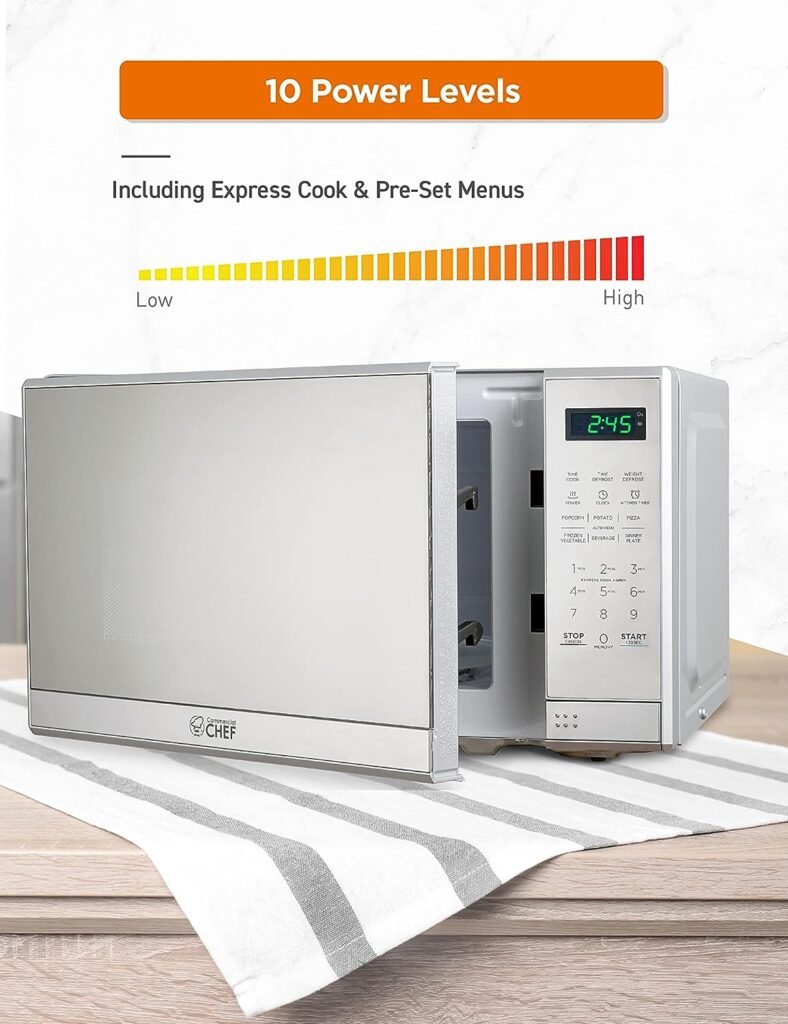 COMMERCIAL CHEF Small Microwave 0.7 Cu. Ft. Countertop Microwave with Digital Display, Stainless Steel Microwave with 10 Power Levels, Outstanding Portable Microwave with Convenient Push Button