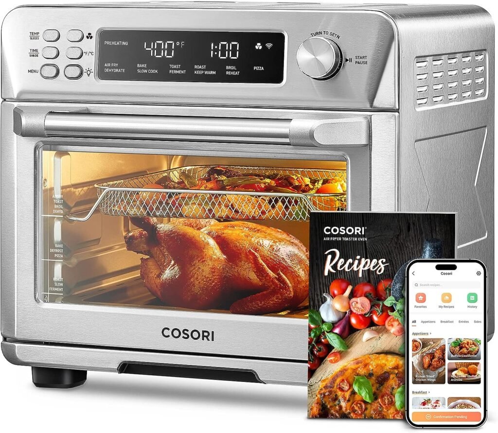 COSORI Toaster Oven Air Fryer Combo, 12-in-1, 26QT Convection Oven Countertop, Stainless Steel with Toast Bake and Broil, Smart, 6 Slice Toast, 12 Pizza, 75 RecipesAccessories
