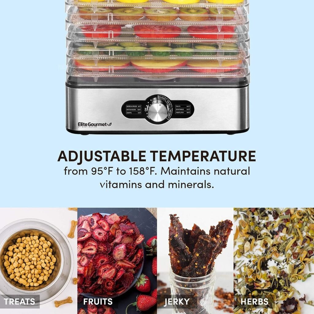 Elite Gourmet EFD3321 Food Dehydrator, Stainless Steel Trays Adjustable Temperature Controls, Jerky, Herbs, Fruit, Veggies, Dried Snacks, Stainless Steel