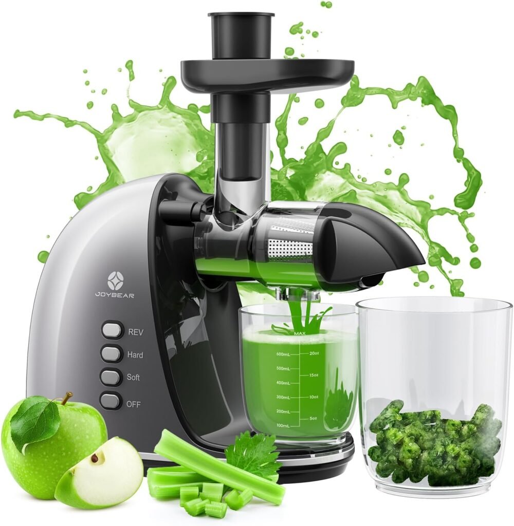 JoyBear Cold Press Juicer Machine: Easy to Clean Slow Masticating Juicer Extractor for Veggies and Fruits, 92% Juice Yield High Nutrient and Vitamin, Quiet Motor  Reverse Function with Brush, Silver