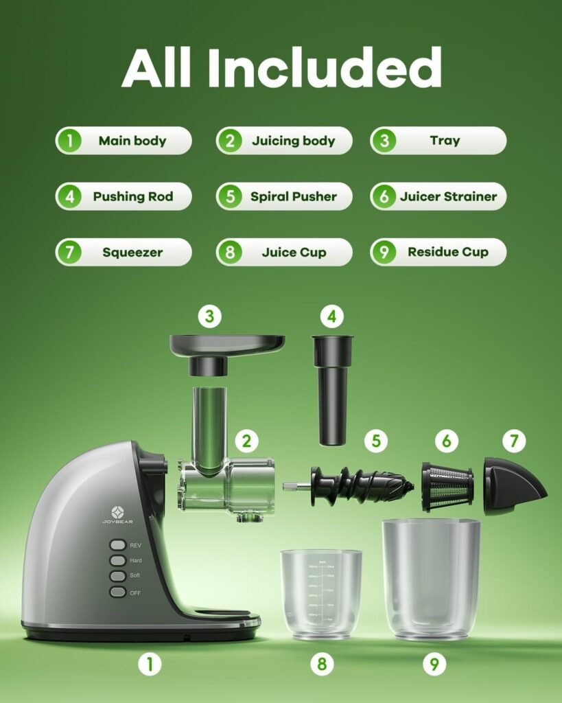 JoyBear Cold Press Juicer Machine: Easy to Clean Slow Masticating Juicer Extractor for Veggies and Fruits, 92% Juice Yield High Nutrient and Vitamin, Quiet Motor  Reverse Function with Brush, Silver