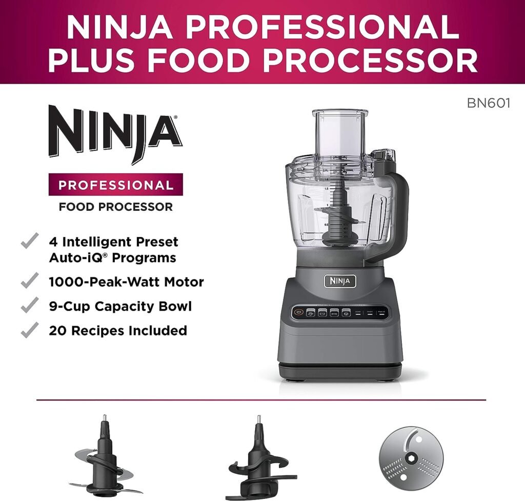 Ninja BN601 Professional Plus Food Processor, 1000 Peak Watts, 4 Functions for Chopping, Slicing, Purees Dough with 9-Cup Processor Bowl, 3 Blades, Food Chute Pusher, Silver