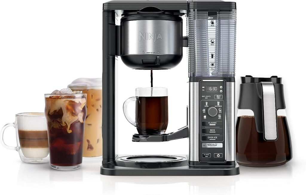 Ninja CM401 Specialty 10-Cup Coffee Maker, with 4 Brew Styles for Ground Coffee, Built-in Water Reservoir, Fold-Away Frother  Glass Carafe, Black, 50 Oz.