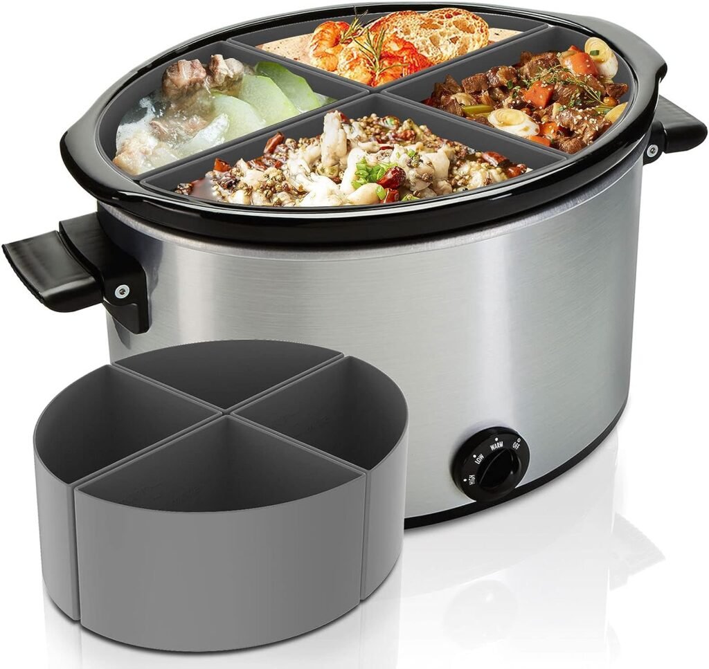 2023 Upgrade Silicone Crock Pot Liner Fit for 6 QT Oval Crock Pot, BPA Free Reusable Slow Cooker Divider Insert Separator Bags Quad Pockets, Dishwasher Safe (4 Dividers, Gray)