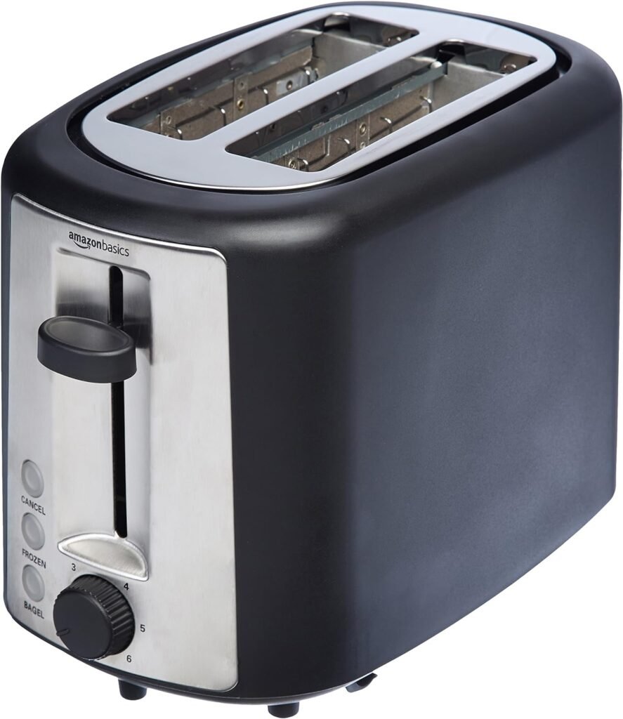Amazon Basics 2 Slice, Extra-Wide Slot Toaster with 6 Shade Settings, Black  Silver