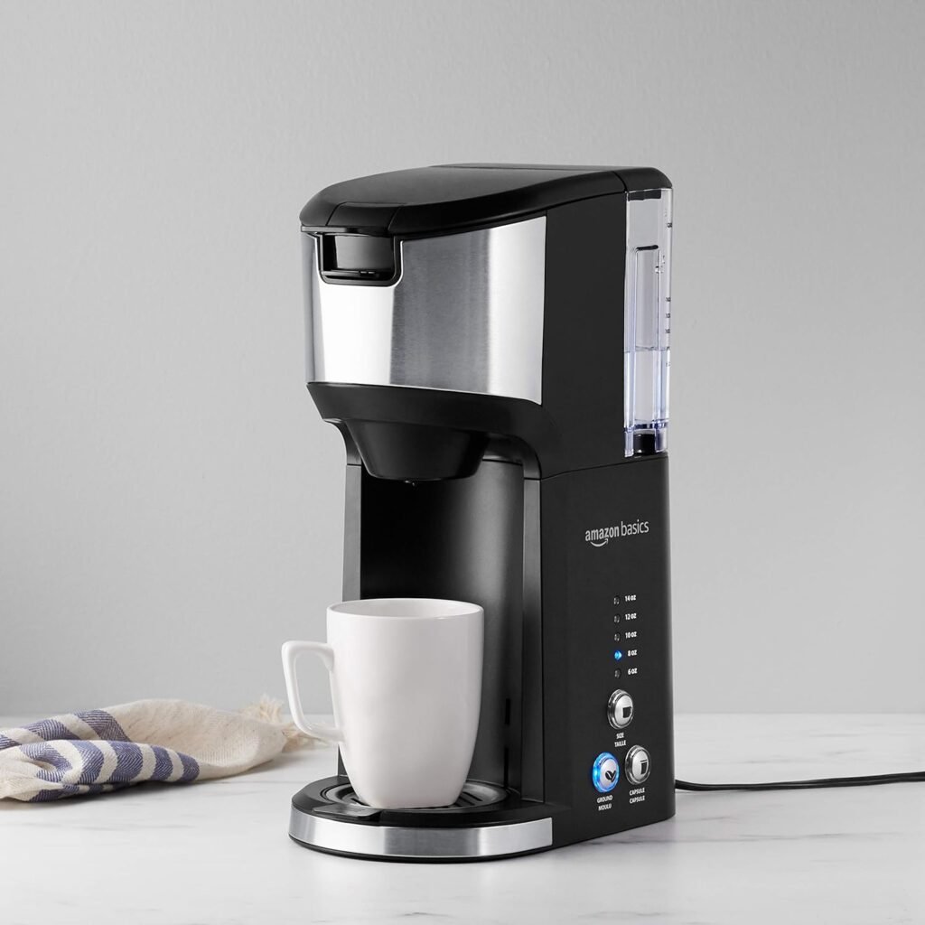 Amazon Basics Dual Brew Single Serve Capsule Coffee Maker, 14 oz, Black and SS, 5.98D x 9.44W x 14.17H