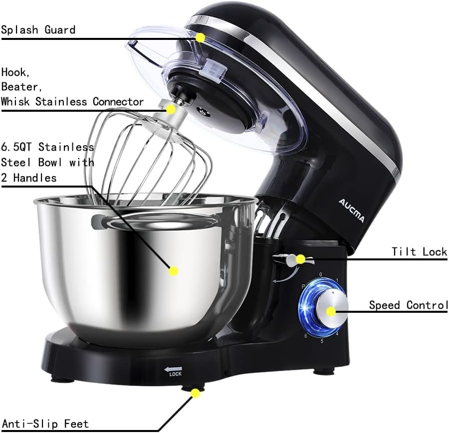 Aucma Stand Mixer,6.5-QT 660W 6-Speed Tilt-Head Food Mixer, Kitchen Electric Mixer with Dough Hook, Wire Whip  Beater (6.5QT, Black)