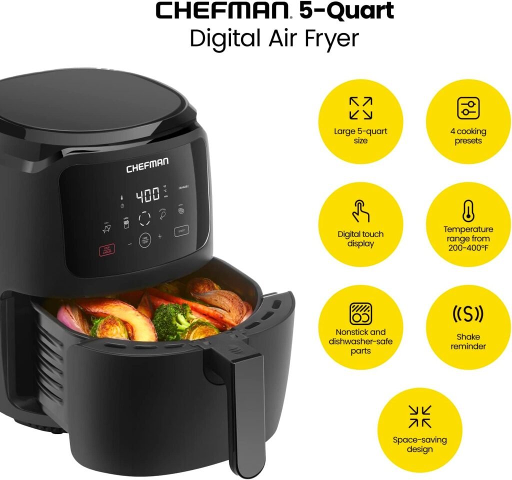 Chefman Digital Air Fryer, Large 5 Qt Family Size, One Touch Digital Control Presets, French Fries, Chicken, Meat, Fish, Nonstick Dishwasher-Safe Parts, Automatic Shutoff, Black