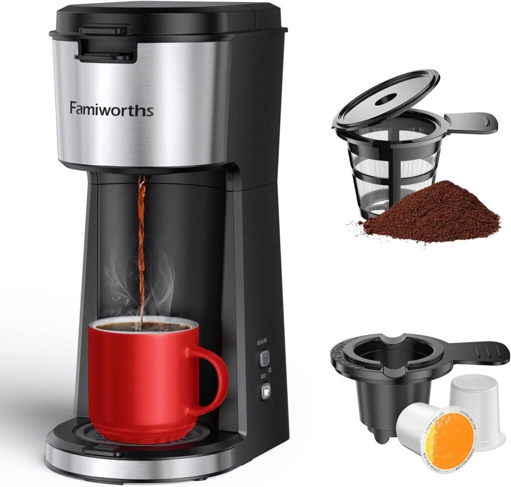 Famiworths Single Serve Coffee Maker for K Cup  Ground Coffee, With Bold Brew, One Cup Coffee Maker, 6 to 14 oz. Brew Sizes, Fits Travel Mug, Classic Black