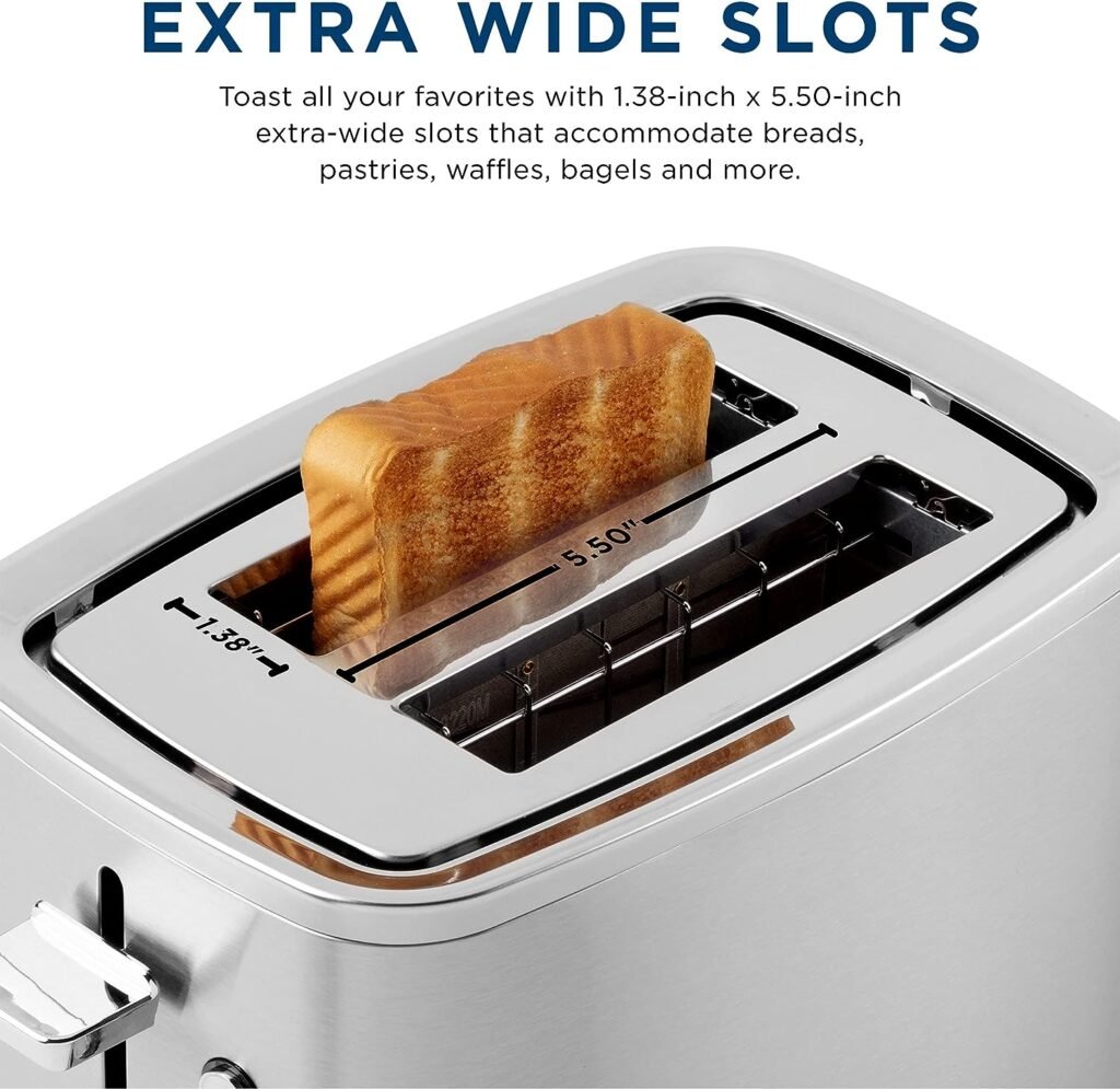 GE Stainless Steel Toaster | 2 Slice | Extra Wide Slots for Toasting Bagels, Breads, Waffles  More | 7 Shade Options for the Entire Household to Enjoy | Countertop Kitchen Essentials | 850 Watts