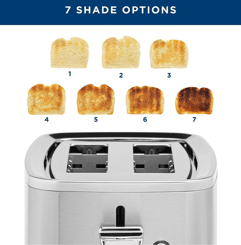 GE Stainless Steel Toaster | 2 Slice | Extra Wide Slots for Toasting Bagels, Breads, Waffles  More | 7 Shade Options for the Entire Household to Enjoy | Countertop Kitchen Essentials | 850 Watts