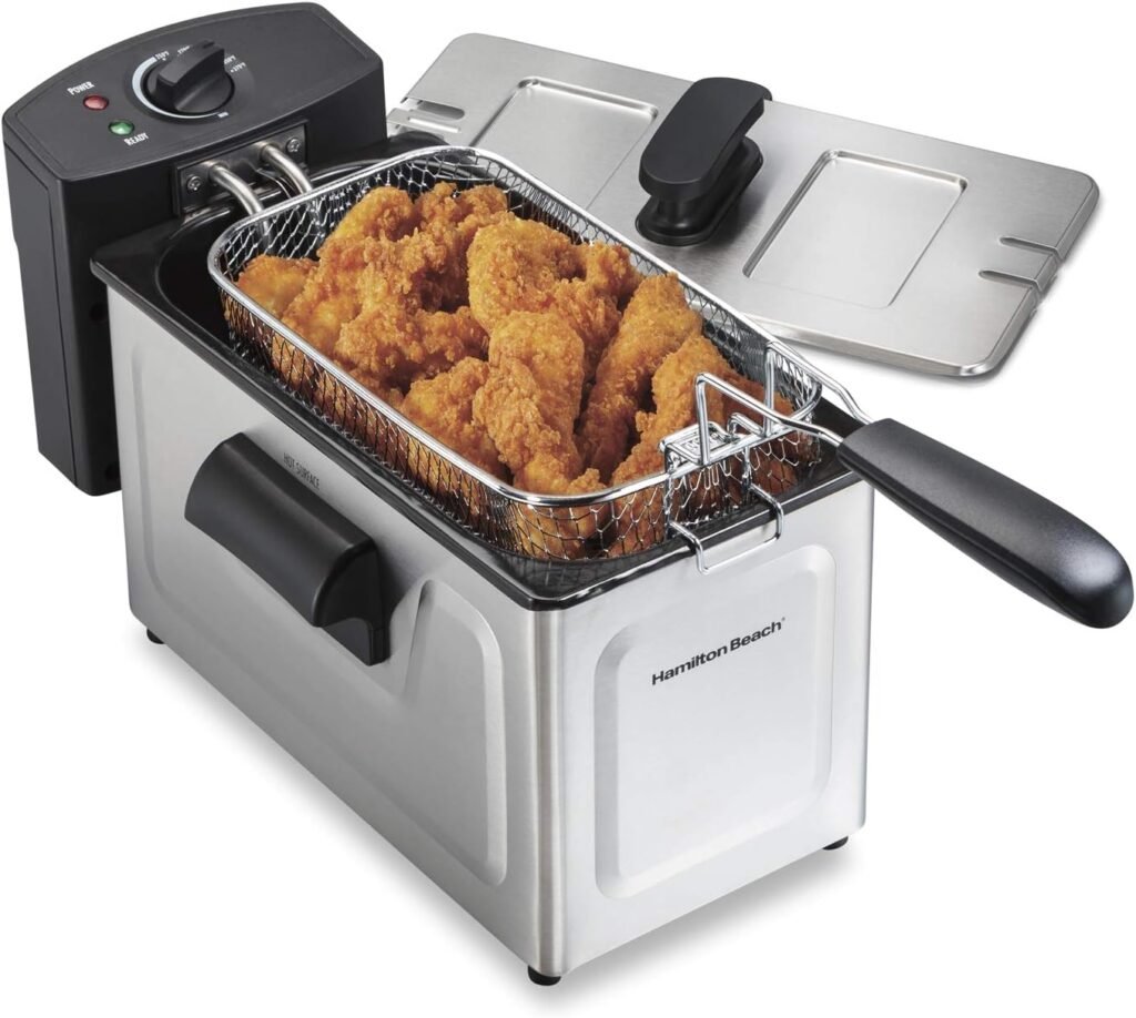 Hamilton Beach 35032 Professional Style Electric Deep Fryer, Frying Basket with Hooks, 1500 Watts, 3 Liters, Stainless Steel