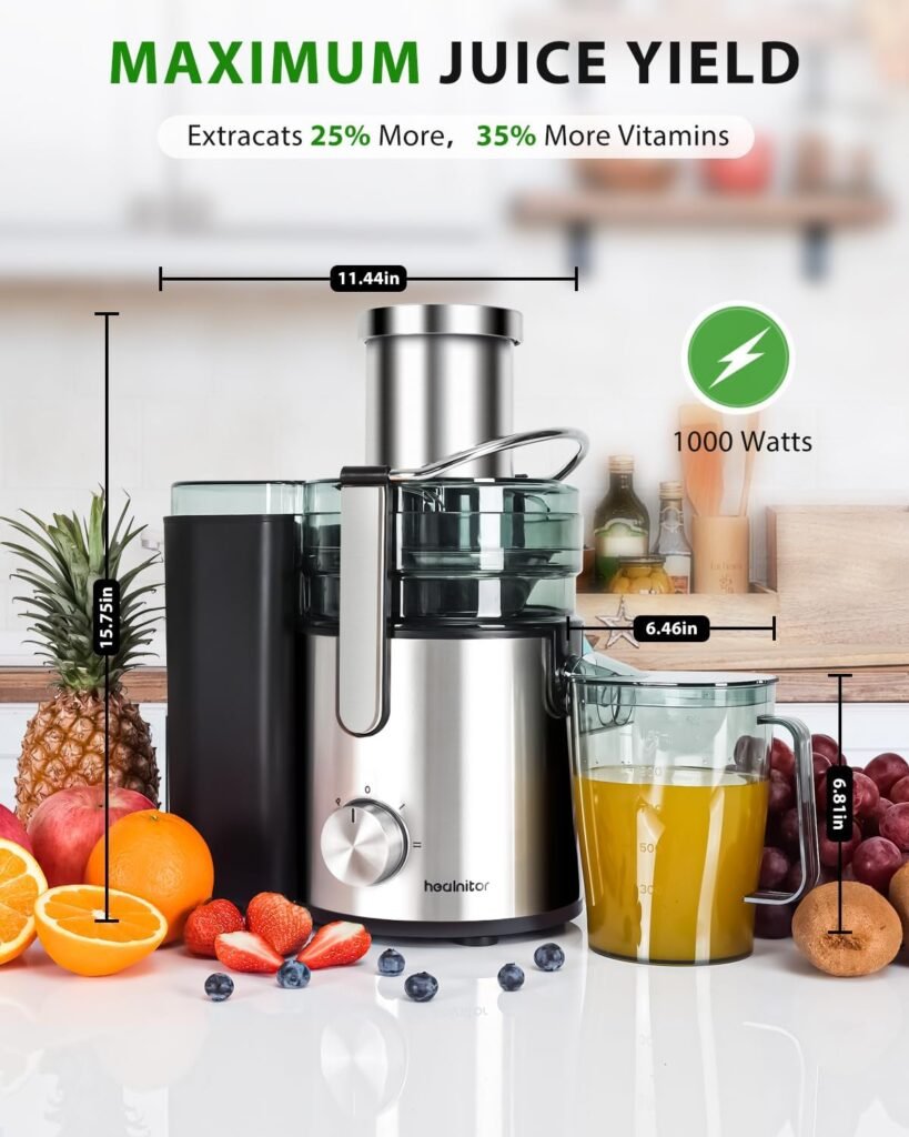 Healnitor 1000W 3-Speed LED Centrifugal Juicer Machines Vegetable and Fruit, 3.5 Big Wide Chute, Easy Clean, High Juice Yield, BPA Free, Stainless Steel