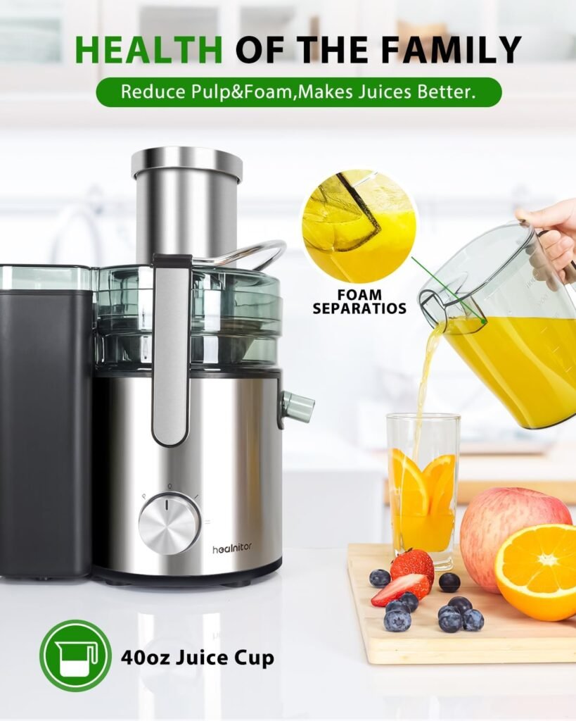 Healnitor 1000W 3-Speed LED Centrifugal Juicer Machines Vegetable and Fruit, 3.5 Big Wide Chute, Easy Clean, High Juice Yield, BPA Free, Stainless Steel