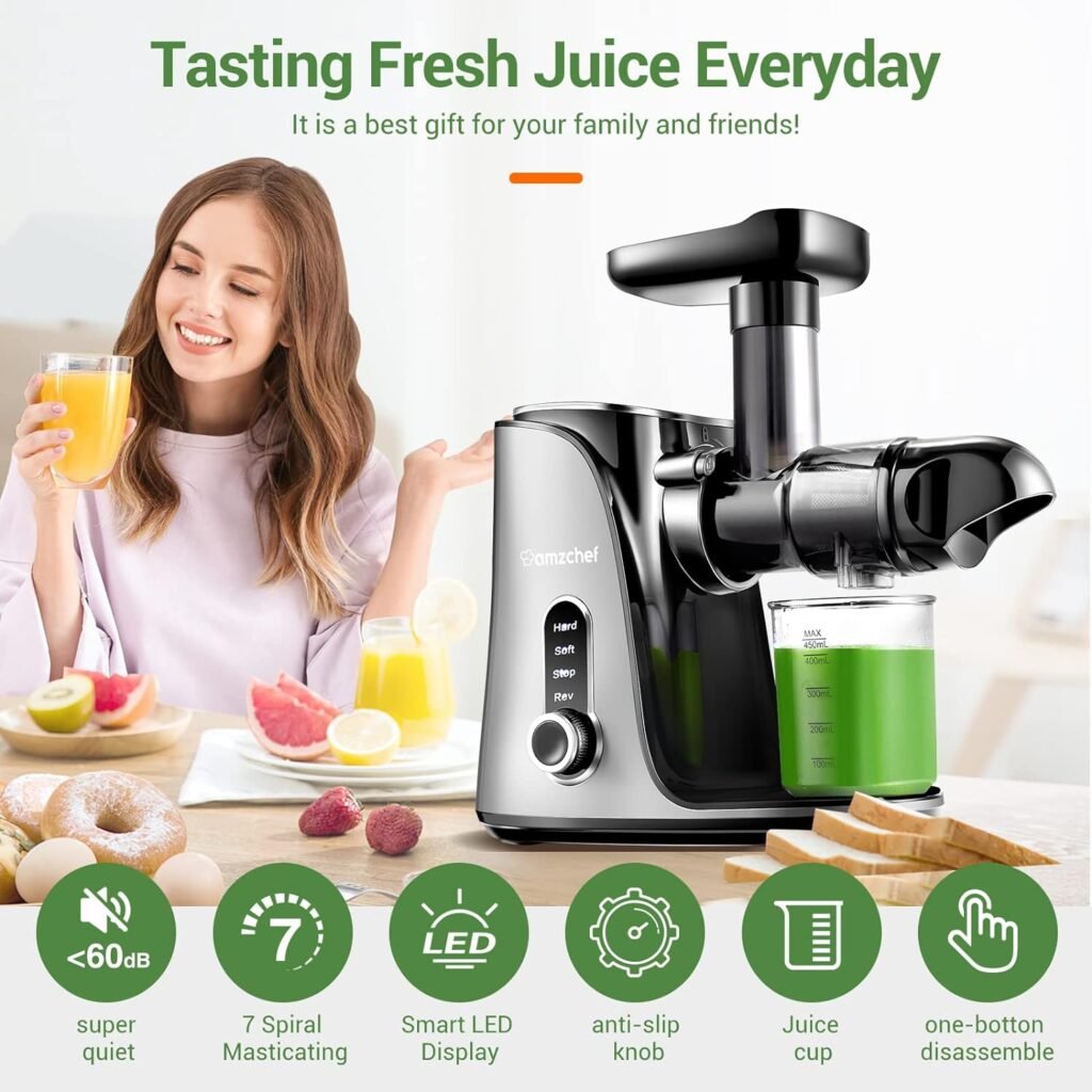Juicer Machines,AMZCHEF Slow Masticating Juicer, Juicer with Two Speed Modes, Travel bottles(500ML),LED display, Easy to Clean Brush  Quiet Motor for VegetablesFruits (Gray, GM3001)
