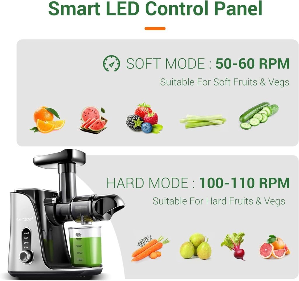 Juicer Machines,AMZCHEF Slow Masticating Juicer, Juicer with Two Speed Modes, Travel bottles(500ML),LED display, Easy to Clean Brush  Quiet Motor for VegetablesFruits (Gray, GM3001)