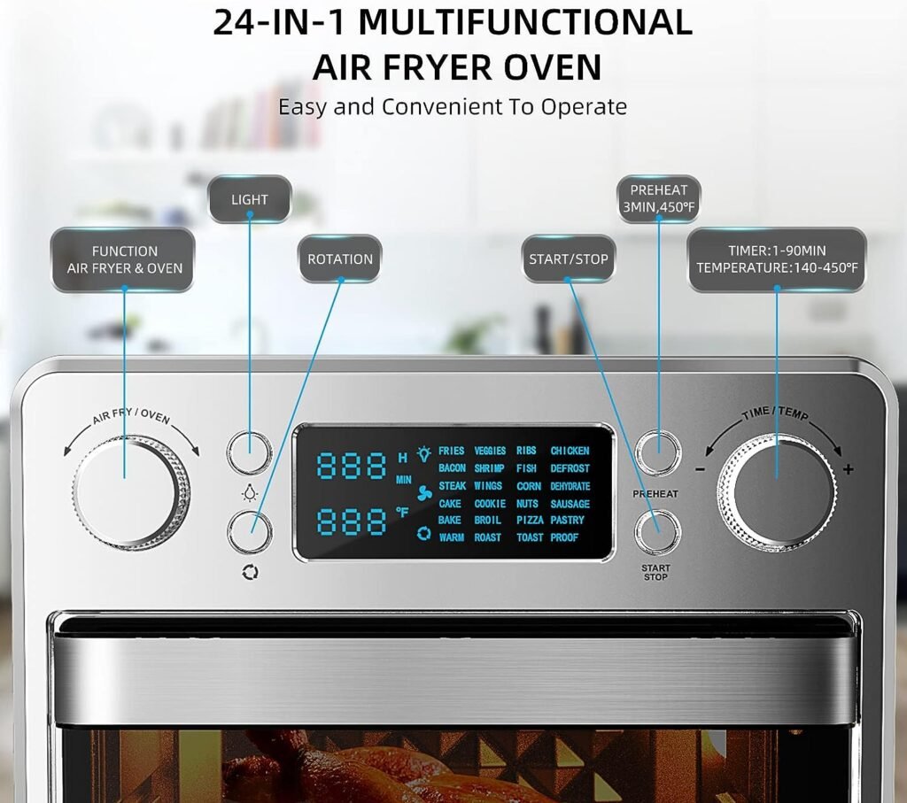 leiko 2023 Air Fryer Toaster Oven Combo, 26.5 QT Large Capacity Rotisserie and Convention Countertop , 6 slices toast, 12-inch pizza, with rotisserie handle and shaft, rack handle,wire rack, basket, baking pan and tray Cooking Accessories Included, easy diswasher, 24-in-1 Functions, Stainless Steel, Silver, 1700W.