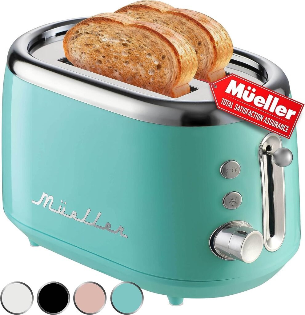 Mueller Retro Toaster 2 Slice with 7 Browning Levels and 3 Functions: Reheat, Defrost  Cancel, Stainless Steel Features, Removable Crumb Tray, Under Base Cord Storage, Turquoise
