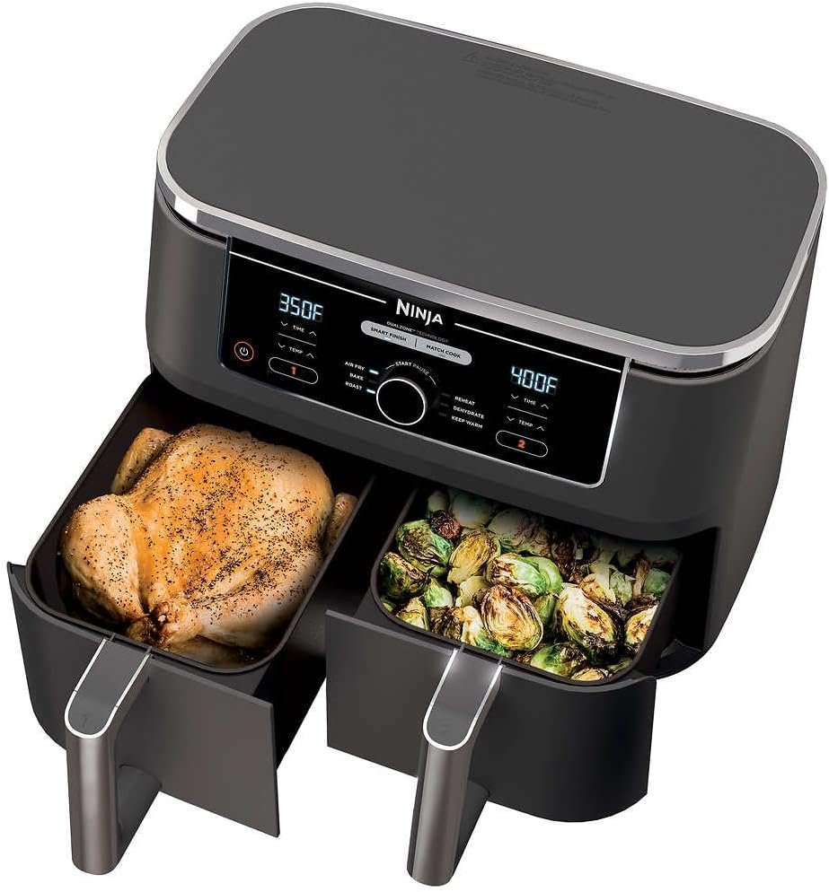 Ninja AD350CO Foodi 10 Quart 6-in-1 DualZone XL 2-Basket Air Fryer with 2 Independent Frying Baskets, Match Cook  Smart Finish to Roast, Broil, Dehydrate  More for Quick, Easy Family-Sized Meals, Grey (Renewed)