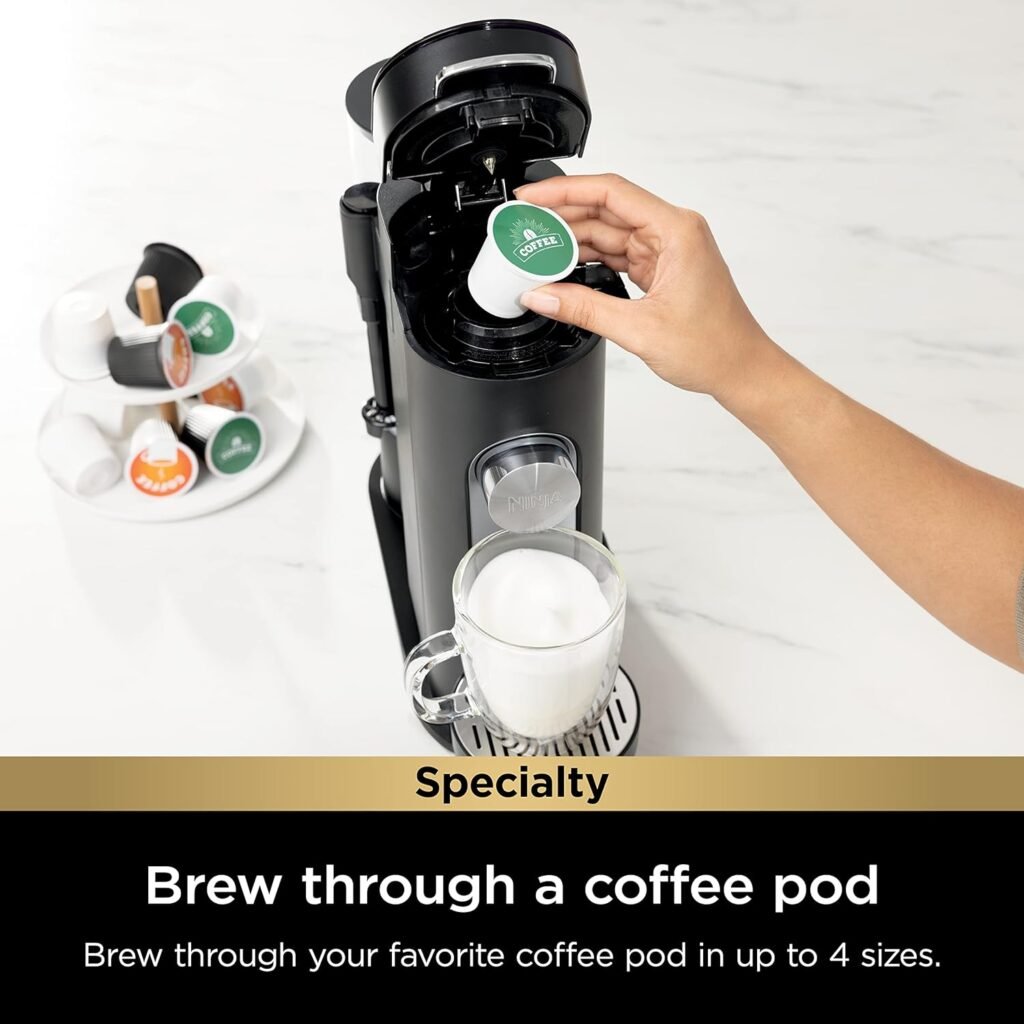 Ninja PB051 Pods  Grounds Specialty Single-Serve Coffee Maker, K-Cup Pod Compatible, Built-In Milk Frother, 6-oz. Cup to 24-oz. Travel Mug Sizes, Black