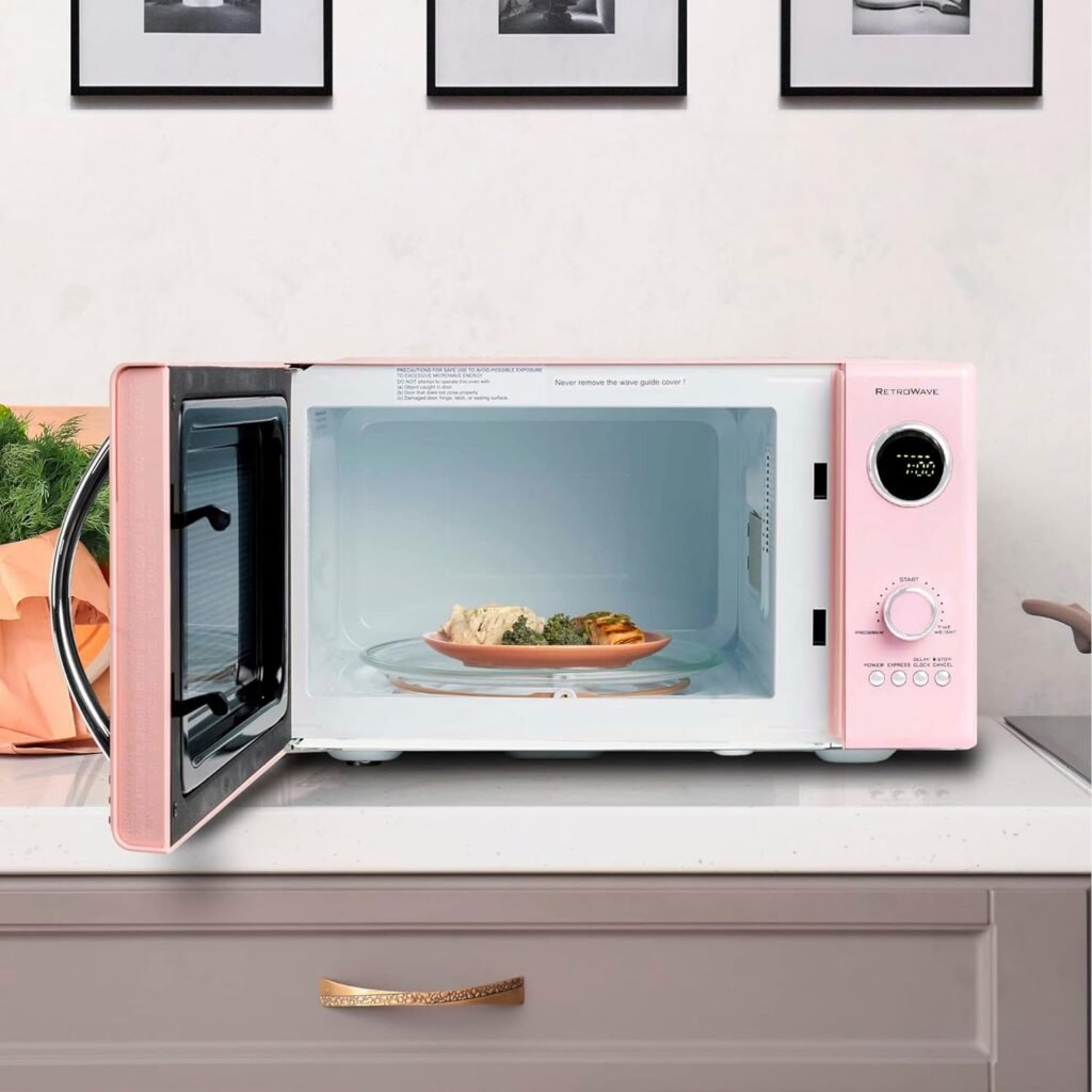 Nostalgia Retro Countertop Microwave Oven - Large 800-Watt - 0.9 cu ft - 12 Pre-Programmed Cooking Settings - Digital Clock - Kitchen Appliances - Pink