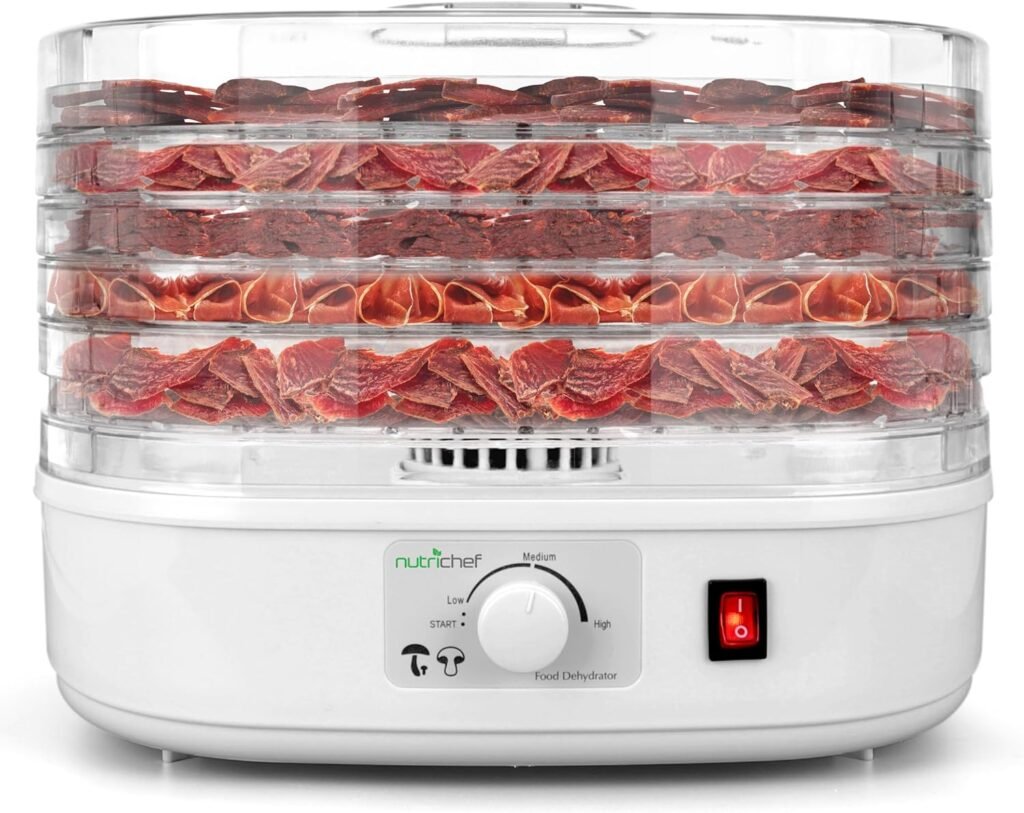 NutriChef Food Dehydrator Machine-Dehydrate Beef Jerky, Meat, Food, Fruit,Vegetables  Dog Treats-Great For At Home Use-Uses High-Heat Circulation for Even Dehydration-5 Easy to Clean Stackable Trays.