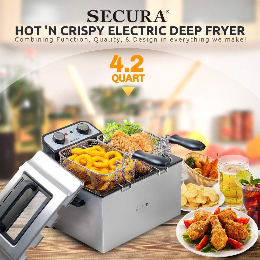 Secura Electric Deep Fryer 1800W-Watt Large 4.0L/4.2Qt Professional Grade Stainless Steel with Triple Basket and Timer,Gray