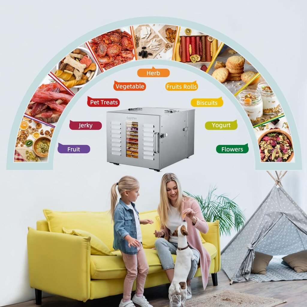 Septree 10 Trays Large Food Dehydrator for Jerky, Usable Area up to 17ft², 1000W Detachable Full Stainless Steel Dryer Machine with 10 Trays and 1 Drip Tray, up to 194℉ Temperature, 24H Timer Control, for Meat, Fruit, Beef, Herbs, and Pet Food