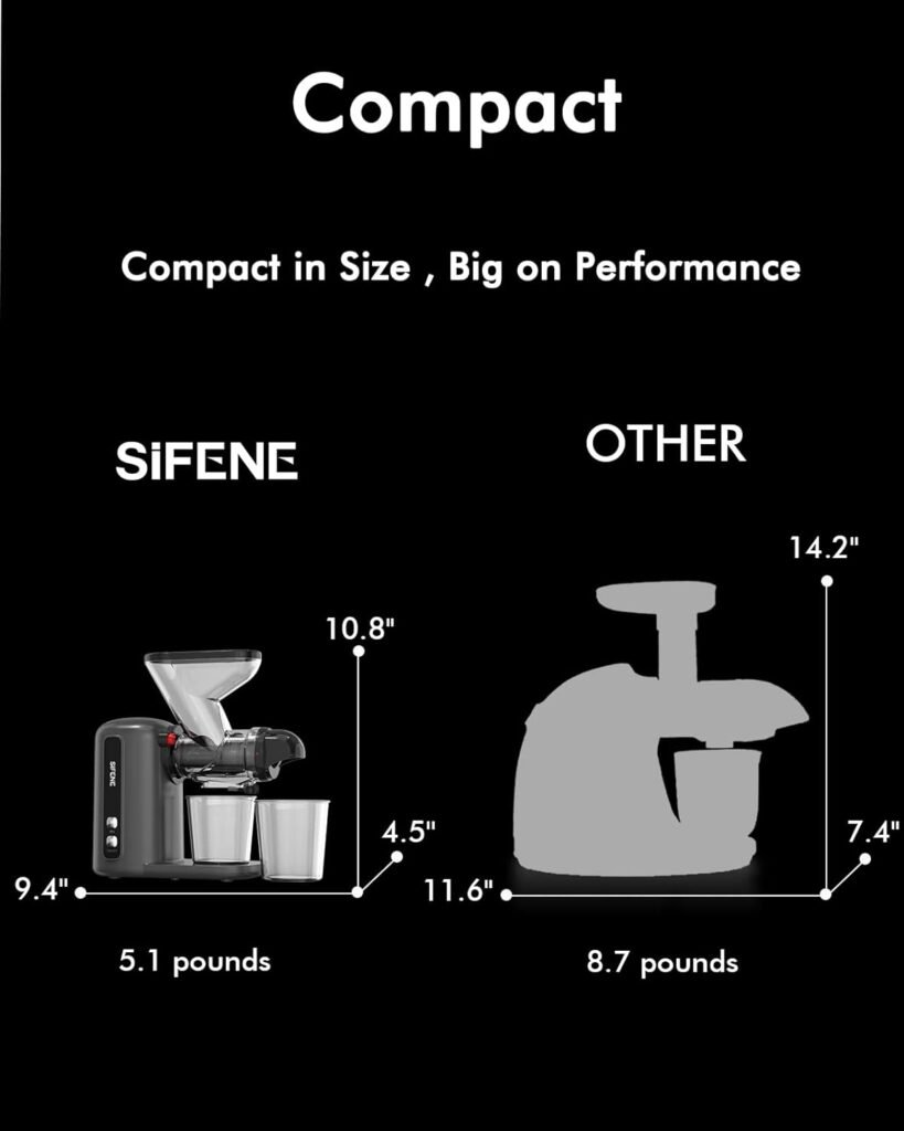 SiFENE Compact Cold Press Juicer, Single-Serve Slow Juicer for Small Families, Easy to Clean, Anti-Clog, Quiet Motor, Safe for Kids, BPA Free, Ideal for Minimalist Kitchens (Gray)