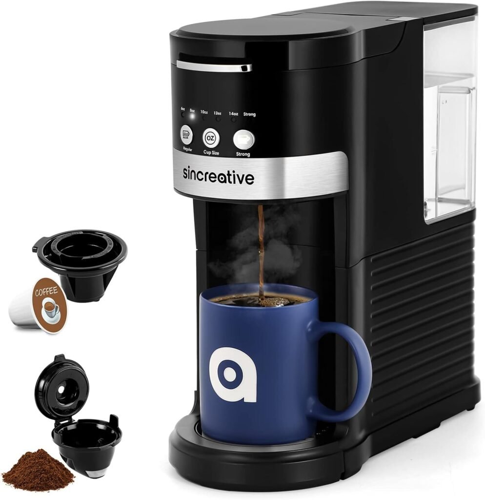 Sincreative Single Serve Coffee Maker, 2 in 1 Single Cup Coffee Makers for K Cup Pod or Ground Coffee, Compact Coffee Machine with Strong Brew Button, 6 to 14oz Brew Sizes, Gifts for Mom Dad Women Men
