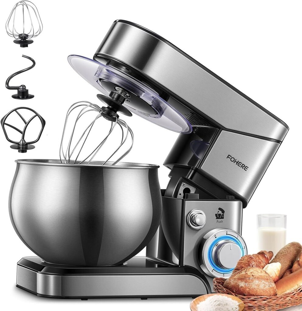 Stand Mixer FOHERE, 5.8 QT Stainless Steel Mixer with Dough Hook, Mixing Beater, Wire Whip, Dishwasher-safe, 6+P Speeds Tilt-Head Kitchen Dough Mixers for Cake, Electric Home Cooking Kitchen Mixer
