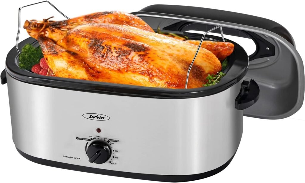 Sunvivi 26 Quart Electric Roaster Oven Turkey Roaster with Lid Electric Roasters with Removable Pan Large Roaster, Visible  Self-basting Lid, Fast Heating  Thaw/warming Setting, Silver, Grey