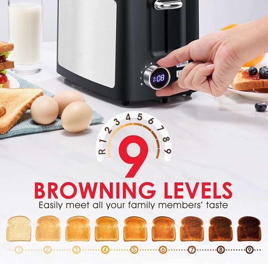 Toaster 2 Slice Wide Slot Toaster Best Rated Prime Displav Smart Toasters with LCD Digital Countdown Timer and Bagel/Defrost/Cancel/Reheat Function