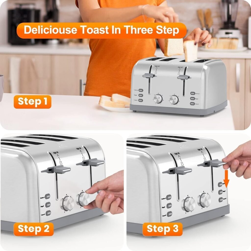 Toaster 4 Slice,Retro Stainless Steel Toater with 7 Shade Settings,Best Prime Toaster for Waffles, 4 Slice Toaster with 3 Mode，Bagels and More Lainsten Toaster T-527