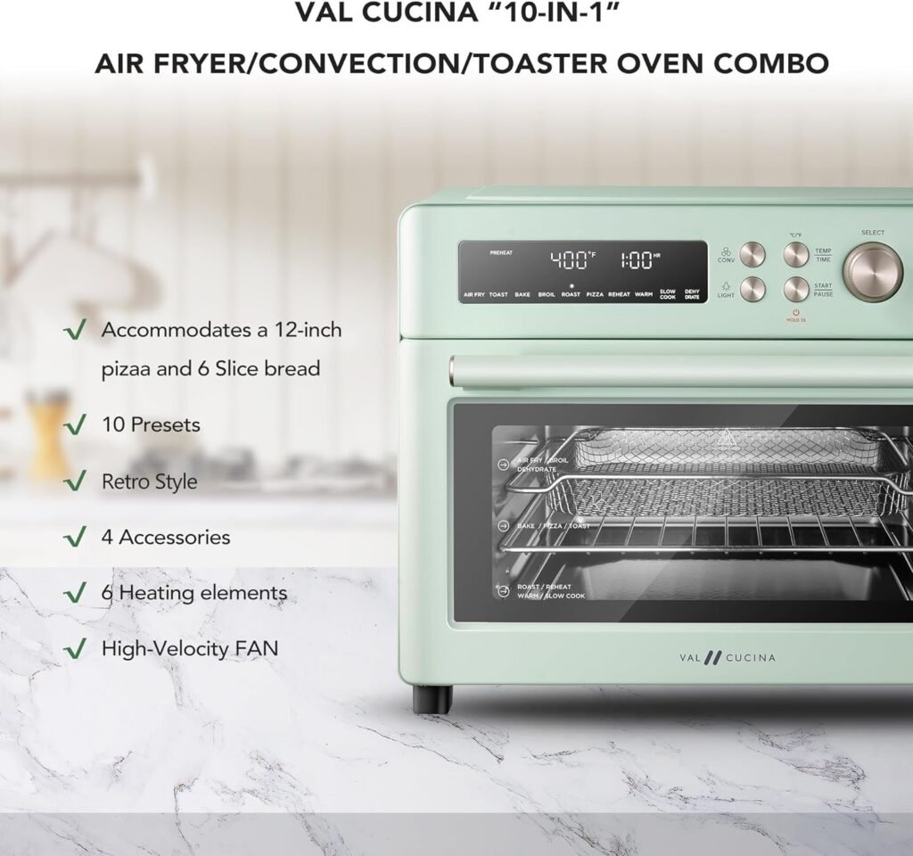 VAL CUCINA Retro Style Infrared Ultra-Quick Air Fryer Toaster Oven, Multifunctional 10-in-1 XL Countertop Convection Oven, 6-Slice Toast, 12-Inch Pizza, Enamel Baking Pan for Easy Cleaning, with Bake, Toast, Roast, Broil, Pizza, Reheat, Slow Cook, Dehydrate, Included Accessories and Authentic Chef Recipe Guide, Green Color