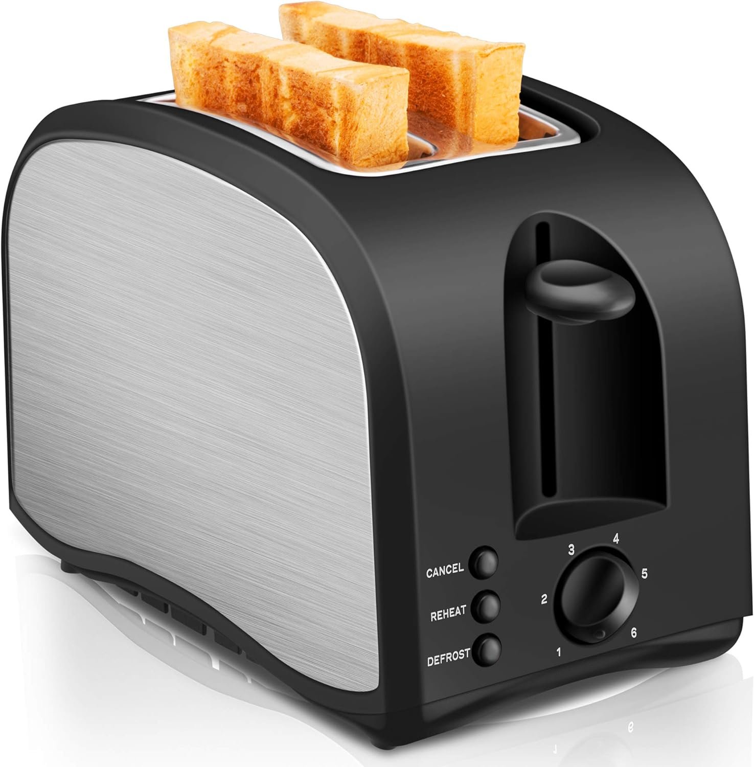 2 Slice Toaster CUSINAID Black Wide Slot Toaster 2 Slice Best Rated Prime with Pop Up Reheat Defrost Functions, 6-Shade Control, Removable Crumb Tray