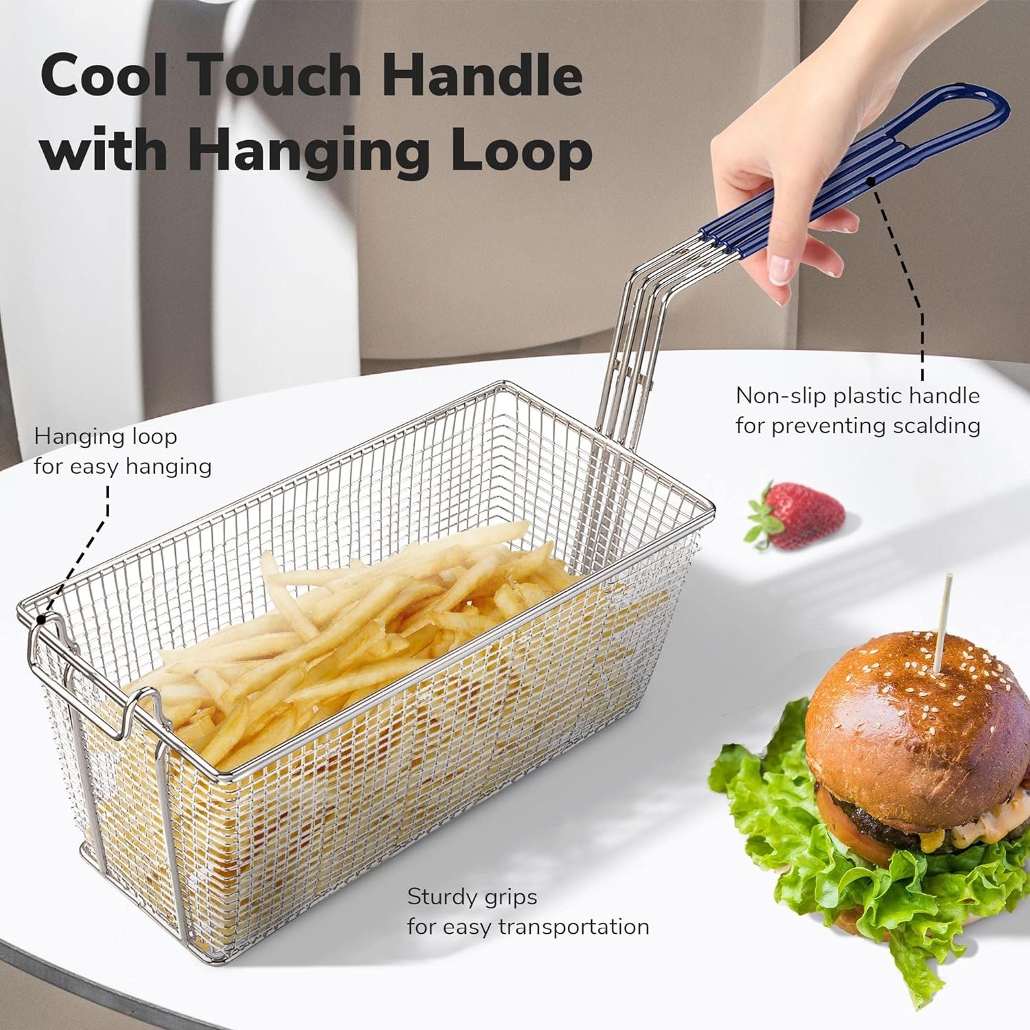 2PCS Deep Fryer Basket With Non-Slip Handle Heavy Duty Nickel Plated Iron Construction 13 1/4 x 6 1/2 x 6 Commercial Use