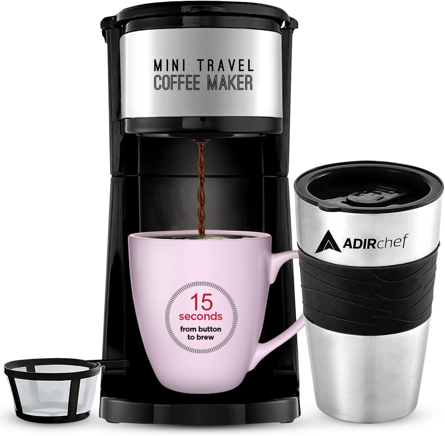 AdirChef Mini Travel Single Serve Coffee Maker  15 oz. Travel Mug Coffee Tumbler  Reusable Filter for Home, Office, Camping, Portable Small and Compact for Fathers Day (Black)