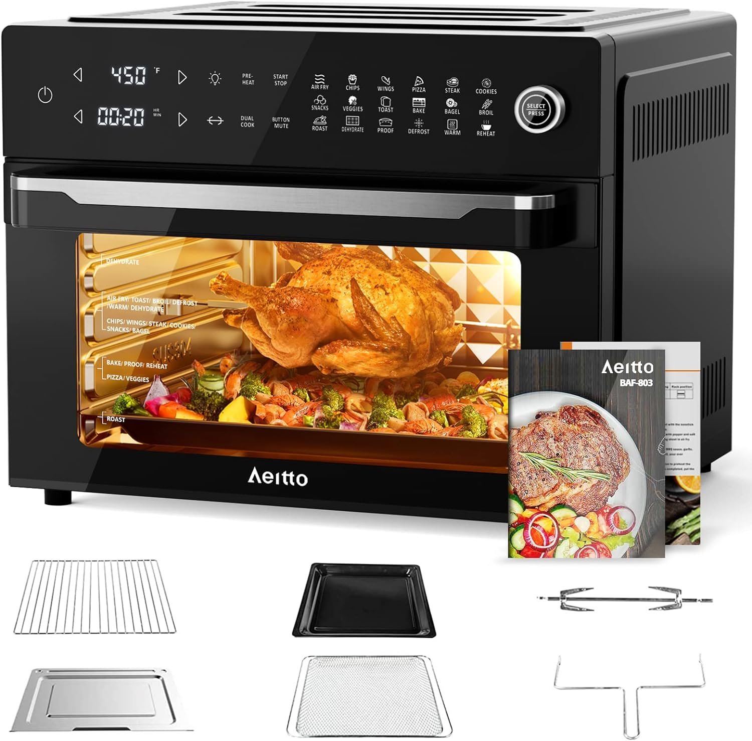 Aeitto® 32-Quart PRO Large Air Fryer Oven| Toaster Oven Combo | with Rotisserie, Dehydrator and Full Accessories | 19-In-1 Digital Airfryer | Fit 13 Pizza, 9pcs Toast, 1800w, Black