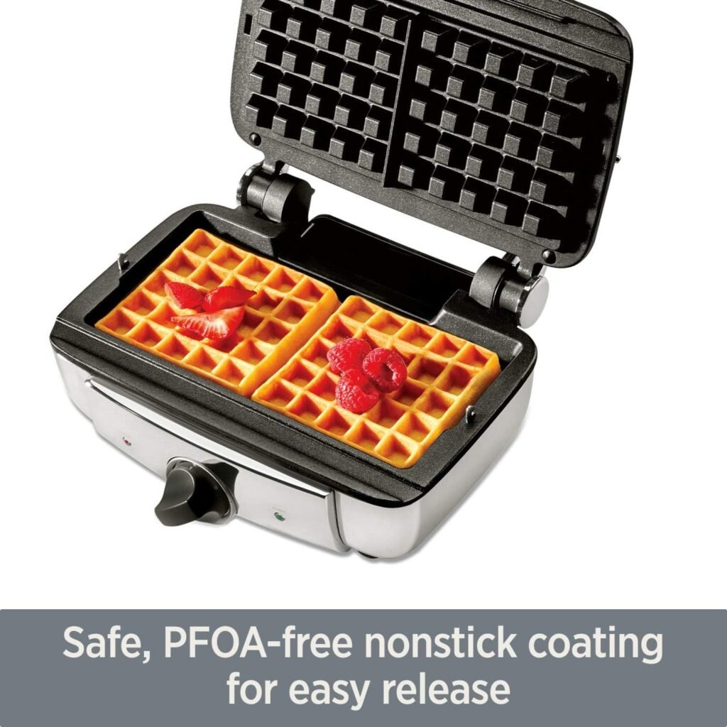 All-Clad Electrics Stainless Steel Waffle Maker 4 Section Nonstick, Upright Storage 800 Watt 7 Browning Levels, Round, Belgium Waffle