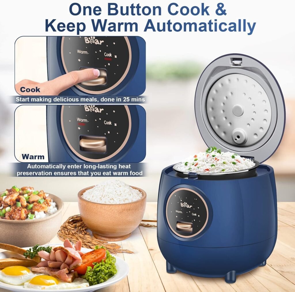 Bear Mini Rice Cooker 2 Cups Uncooked, 1.2L Portable Non-Stick Small Travel Rice Cooker, BPA Free, One Button to Cook and Keep Warm Function, Blue: Home  Kitchen