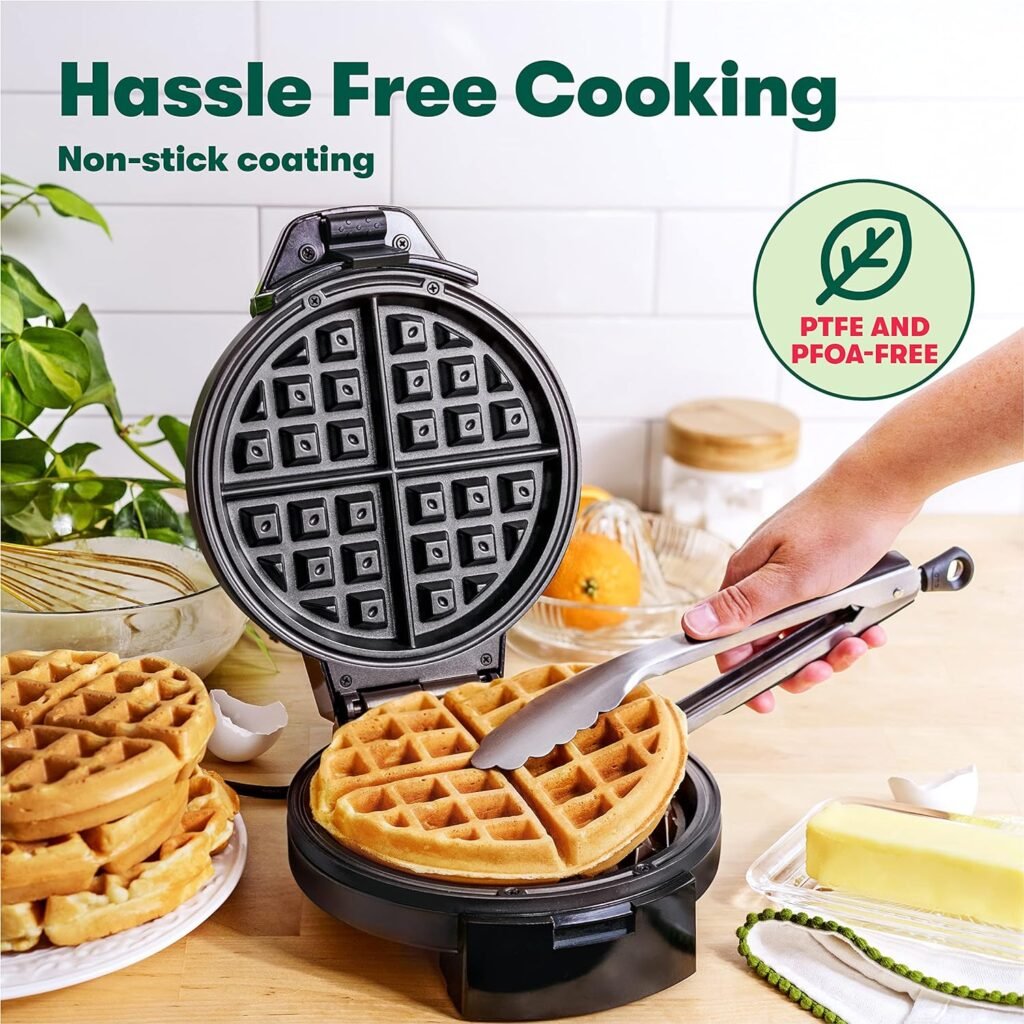 BELLA Classic Belgian Waffle Maker, Nonstick Extra Deep Plates, Browning Control Knob, Locking Latch and Cool Touch Handle, 7 Round, Stainless Steel, Black