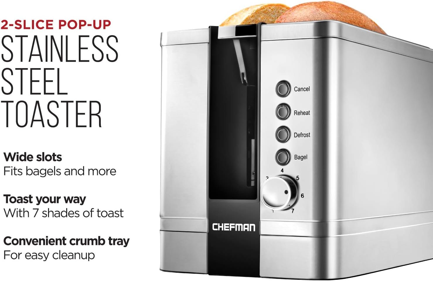 Chefman 2-Slice Pop-Up Stainless Steel Toaster w/ 7 Shade Settings, Extra Wide Slots for Toasting Bagels, Defrost/Reheat/Cancel Functions, Removable Crumb Tray, 850W, 120V, Silver