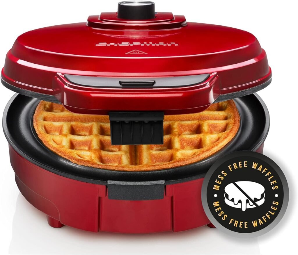 Chefman Anti-Overflow Belgian Waffle Maker w/Shade Selector, Temperature Control Mess Free Moat, Round Iron w/Nonstick Plates  Cool Touch Handle, Measuring Cup Included, Red
