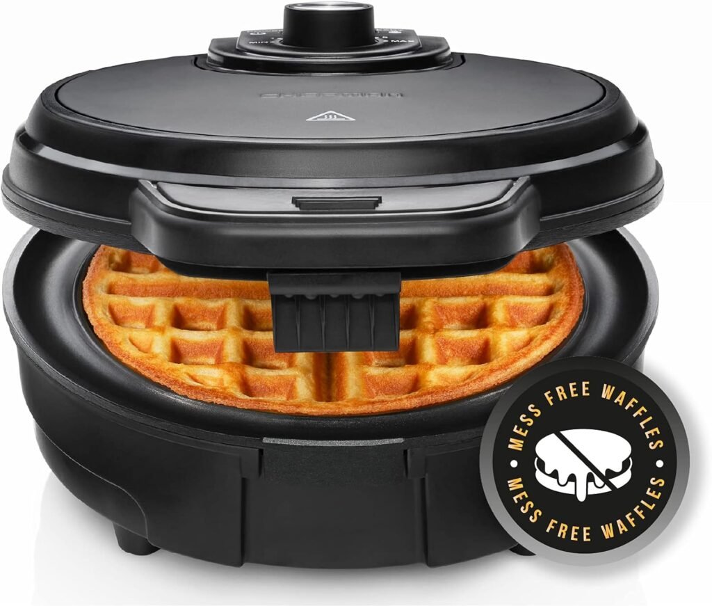 Chefman Anti-Overflow Belgian Waffle Maker w/Shade Selector, Temperature Control Mess Free Moat, Round Iron w/Nonstick Plates  Cool Touch Handle, Measuring Cup Included, Red