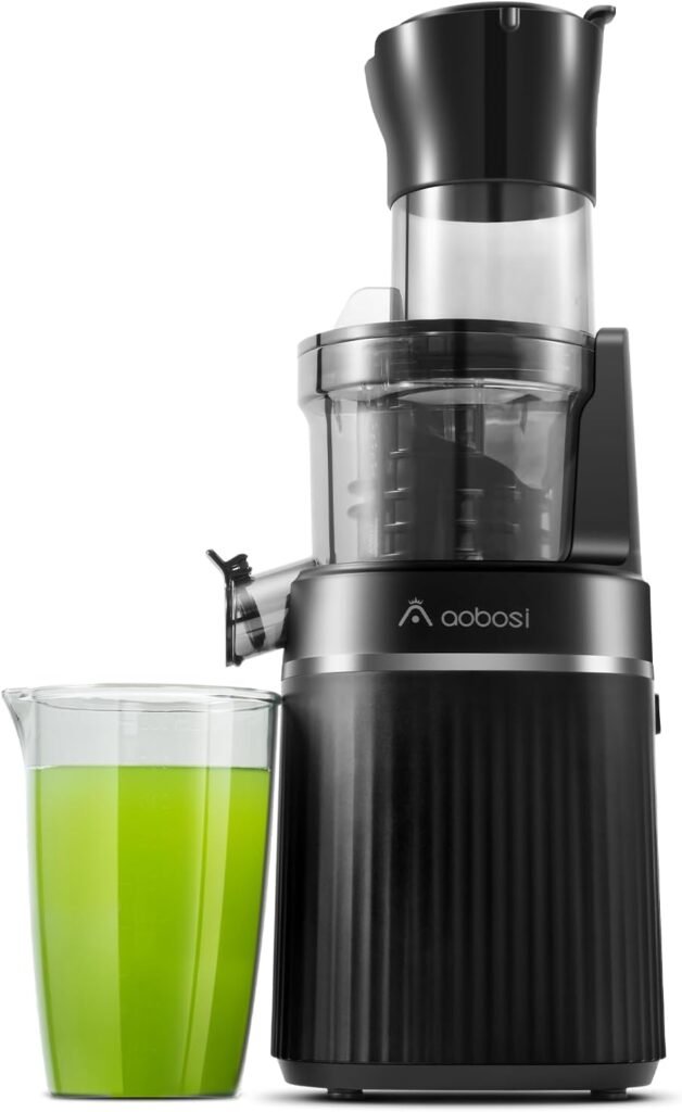 Cold Press Juicer, Aobosi Slow Masticating Juicer with Large Feed Chute, Quiet Motor  Reverse Function, Easy to Clean Brush Juicer Machine for High Nutrient Fruits Vegetables, 200 Watts, Matte Black