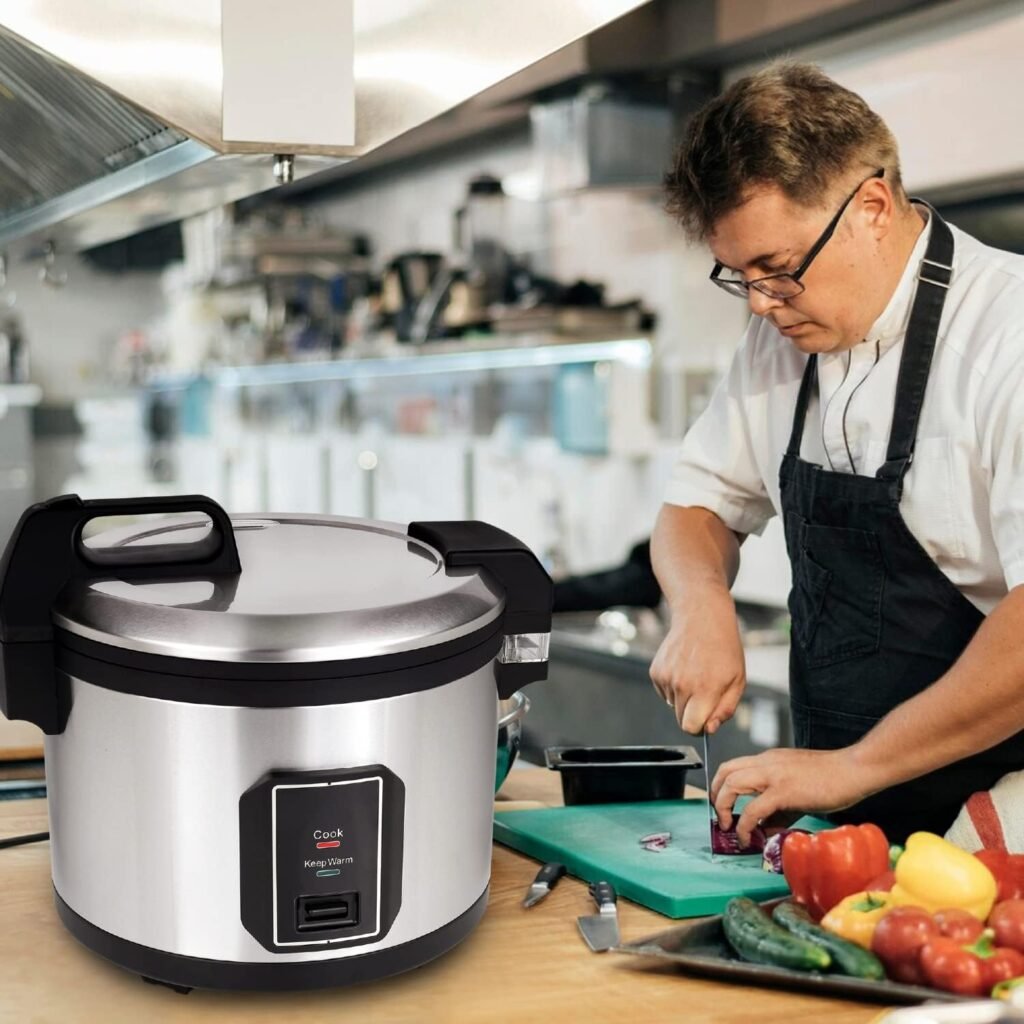 Commercial Stainless Steel Rice Cooker - Professional 64 Cup Cooked (32 Cup Uncooked) Rice Maker Cooker With Non Stick Pot  Hinged Lid - Includes a Rice Measuring Cup  Rice Scoop